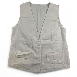 White Linen Look Vest Women’s Large Button Up Sleeveless Summer Preppy